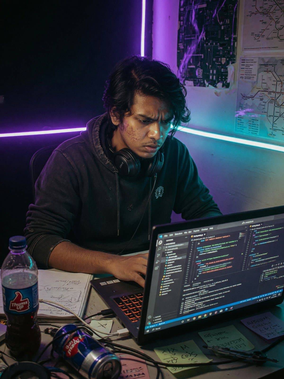 Student coding at night
